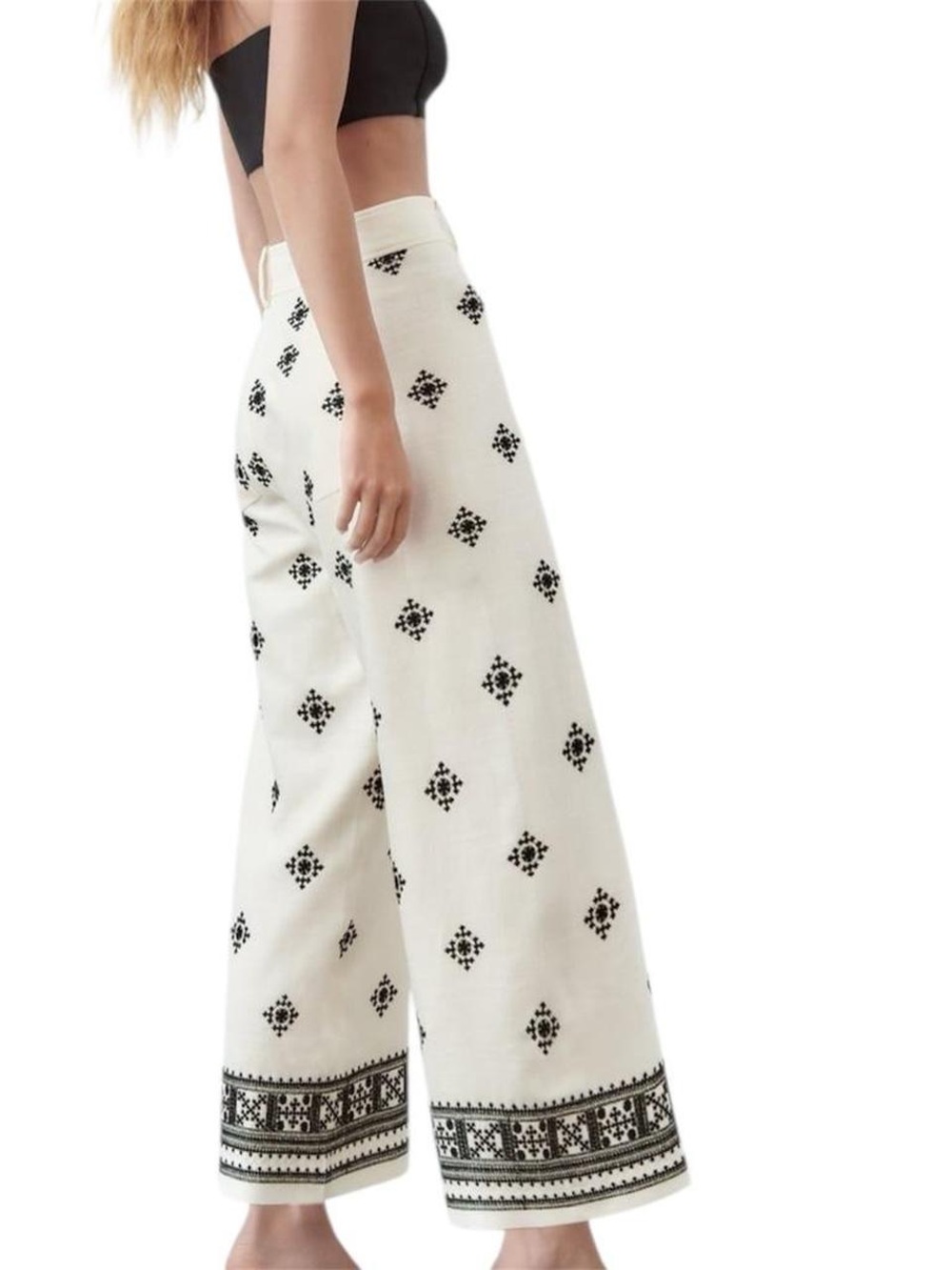 Embroidered Wide-Leg Pants - White/Black